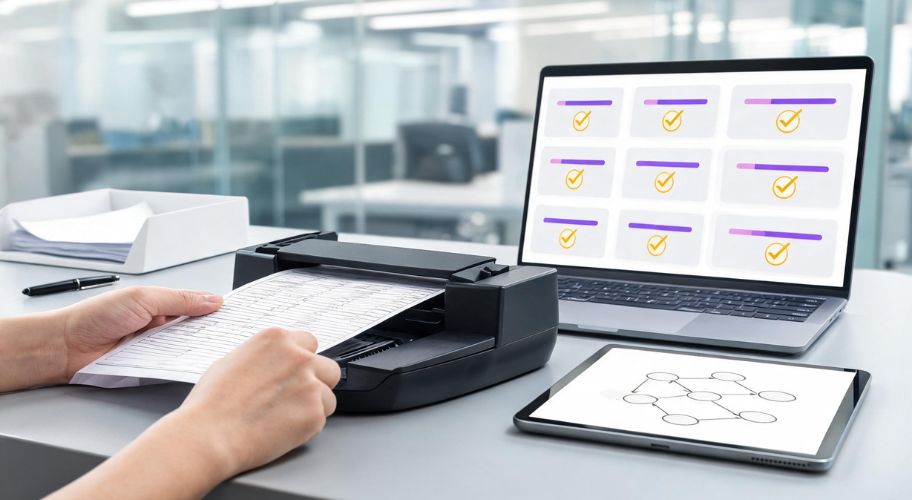 A person scans documents at a desk in an office, with a laptop and tablet displaying a diagram about AI automation for a paper-based business.