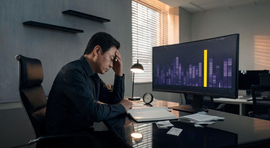 A man sits at his desk in a modern office, looking at a bar graph on his monitor as he considers AI automation for a paper-based business.