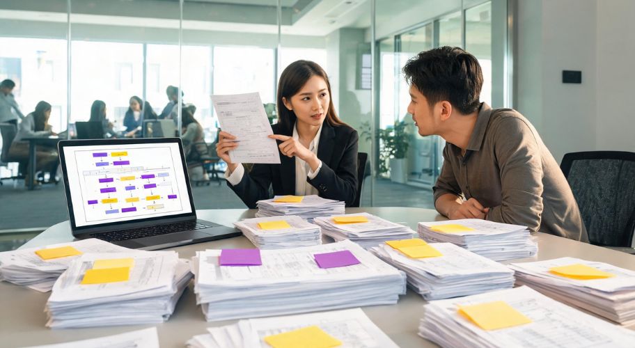 Two people discuss documents at a table covered with paper stacks and sticky notes; a laptop displays a flowchart about AI automation for a paper-based business. Others meet in the background.