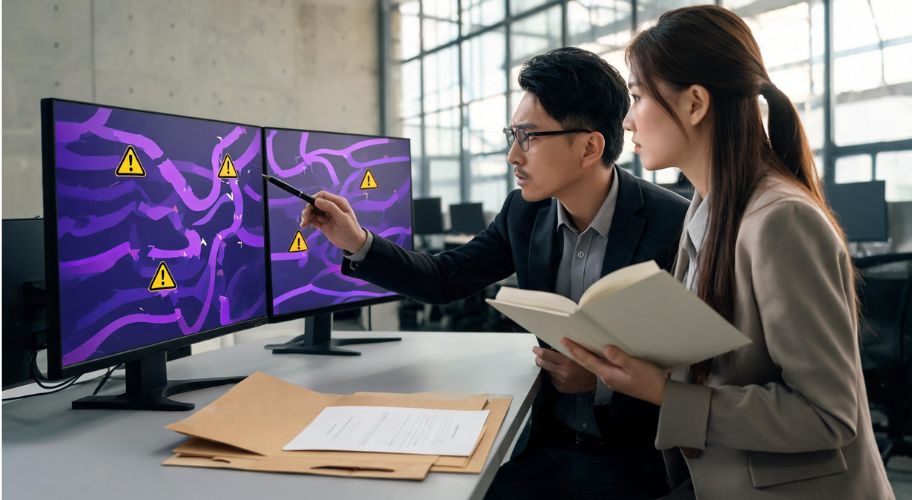 Two people in business attire study warning symbols on monitors, concerned about AI automation scope creep pricing, with documents and folders spread across the office desk.