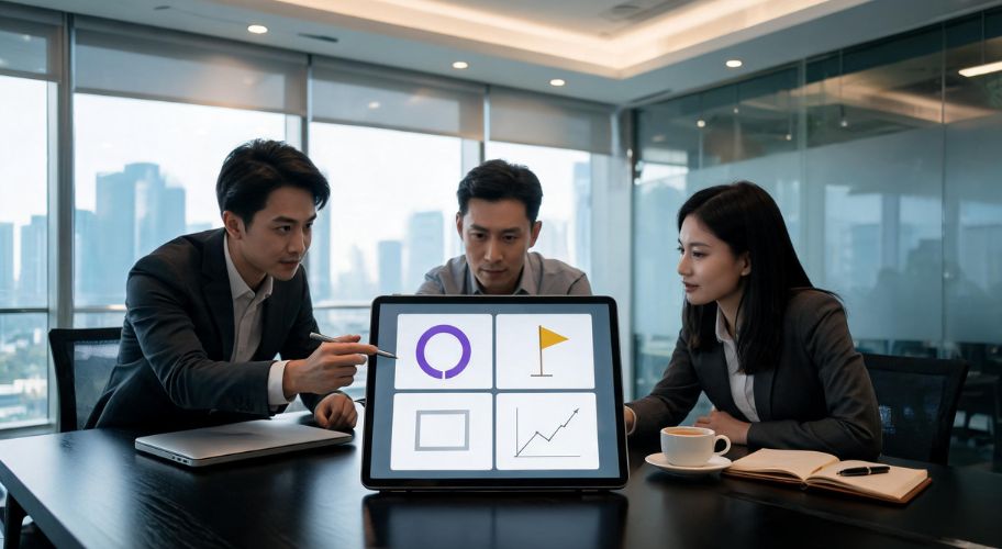 Three people in business attire sit at a conference table, discussing AI automation scope creep pricing and data trends displayed on a large monitor with charts and icons in a modern office.