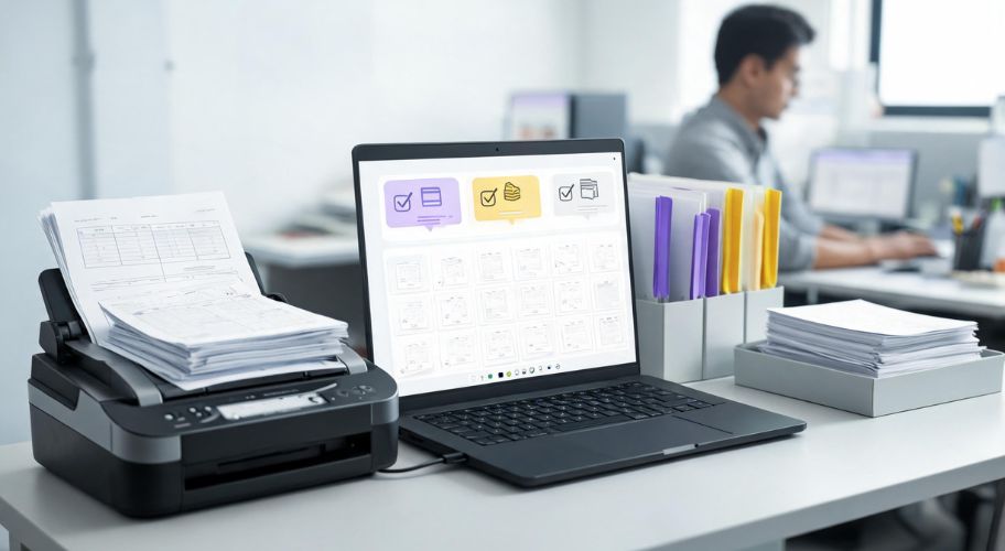A laptop, printer, stacks of paper, and folders are arranged on an office desk as someone plans their first AI automation project. A person works at another desk in the background.