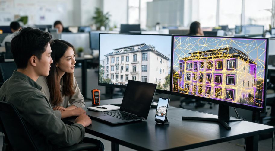 Two people sit at a desk in a modern office, viewing architectural software on dual monitors that display a building and its digital model, while discussing AI for house washing business.