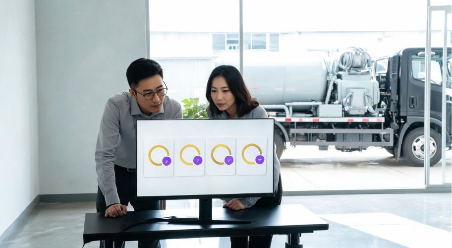 Two people stand before a monitor displaying cards with yellow and purple graphics; a truck is visible through the window, alongside AI for house washing business solutions.