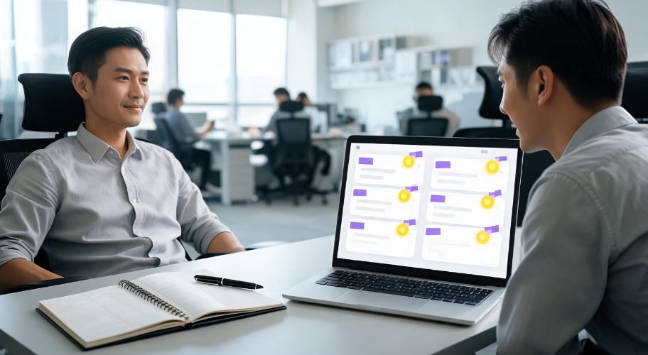 Two men sit at an office desk discussing charts and messages on a laptop about AI for house washing business, while others work in the background.