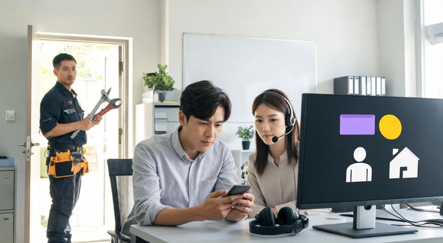 A man and woman work at a desk with a headset and smartphone while a technician holding tools stands at the door. Icons appear on the computer monitor as they discuss an AI receptionist for plumbers.