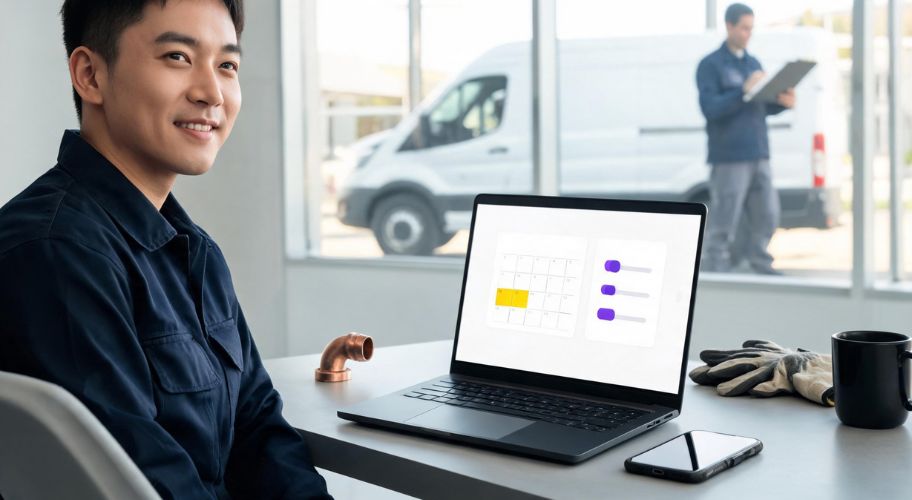 A man in work uniform sits at a desk with a laptop displaying a calendar, reviewing an AI receptionist for plumbers while another person stands outside near a van, holding a clipboard.