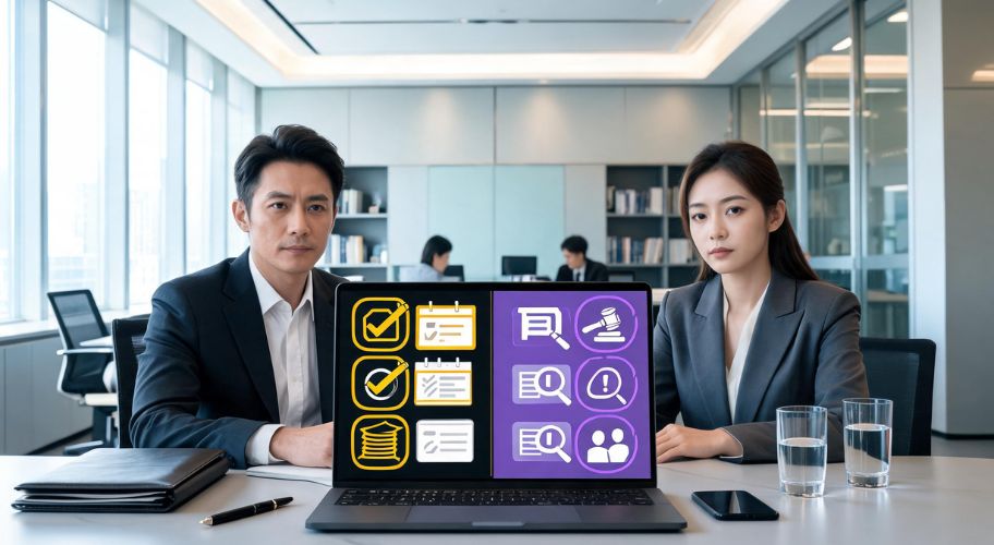 Two business professionals sit at a table with a laptop displaying a workflow and legal icons as they discuss AI for criminal defence lawyers; office workers are visible in the background.
