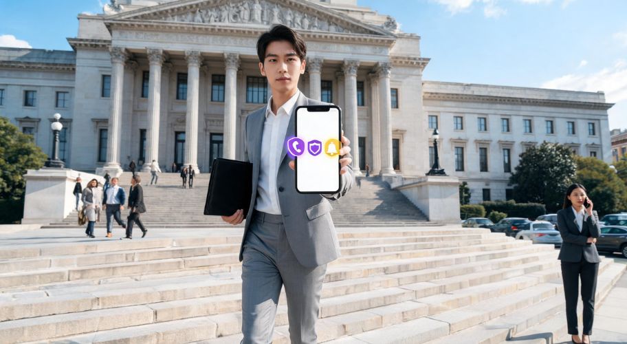 A man in a suit stands on courthouse steps holding a tablet and phone, with AI for criminal defence lawyers in focus as others walk in the background.