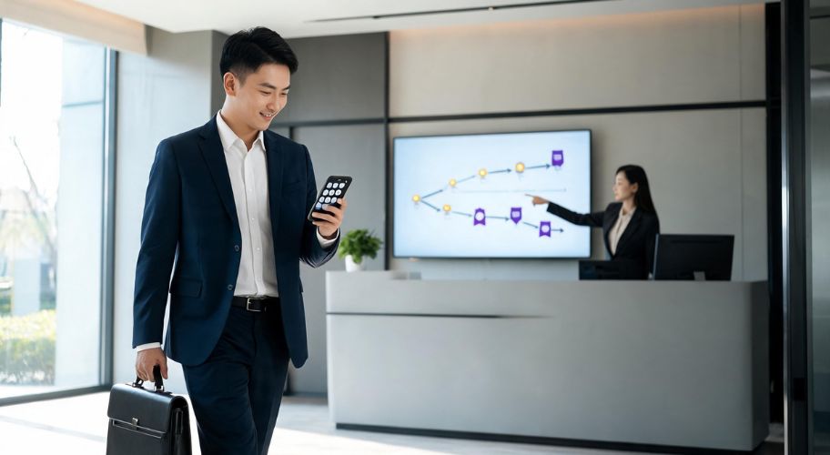 A man in a suit holds a briefcase and looks at his phone while a woman at a desk points to a graph about AI for criminal defence lawyers on a screen in a modern office.