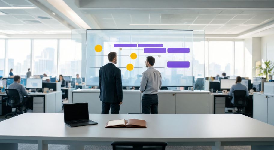 Two men in business attire stand by a digital project timeline display, discussing ai for debt collection agencies in a modern open-plan office with employees working at desks.