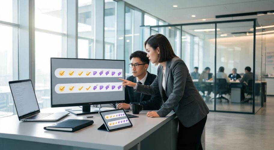 Two professionals in an office review task progress aided by AI for debt collection agencies, with checkboxes and progress icons on their computer monitor and tablet in a modern workspace.