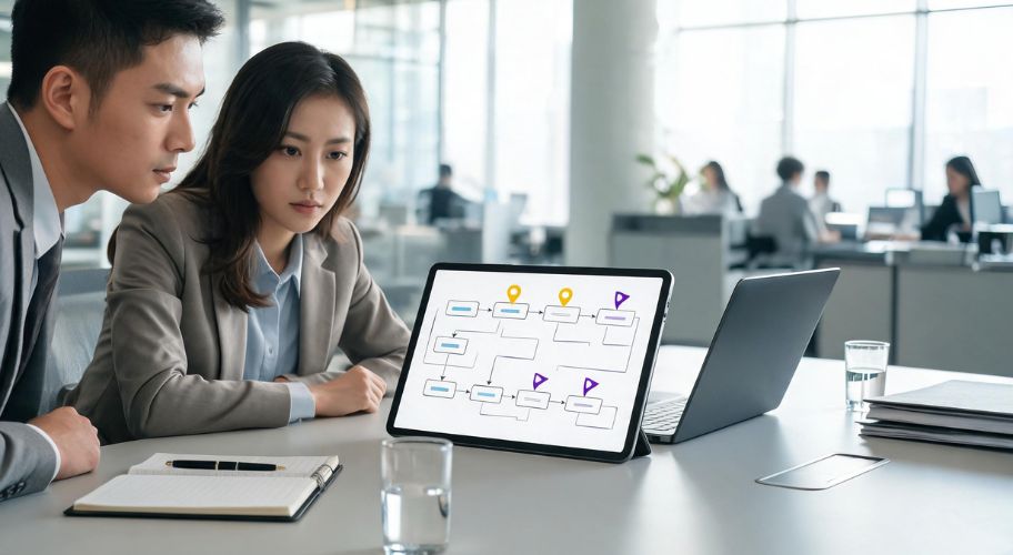 Two people in business attire review a digital flowchart on a tablet, discussing AI for debt collection agencies in a modern office with laptops and notebooks nearby.