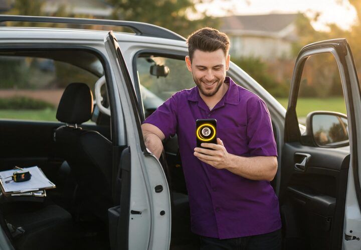 A man in a purple shirt standing next to an open car door, looking at a smartphone with a circular ring light, working as an AI consultant for tradies.