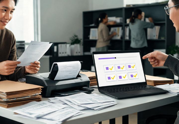 Two people review documents at a desk with a printer and laptop, illustrating AI automation for a paper-based business as it transforms their daily workflow.