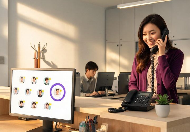 A smiling receptionist speaks on a landline phone while a computer monitor displays a digital team directory, a tool often optimized by an AI consultant for professional services.