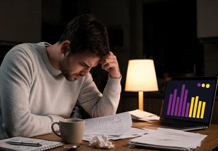 A person sits at a desk, looking stressed while reviewing papers about AI automation scope creep pricing, with a laptop displaying a bar chart, a cup, and a lit lamp nearby.