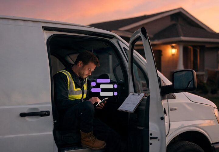A person in a safety vest sits in a van doorway at dusk, using a smartphone to work on their first AI automation project, with a clipboard attached to the door.