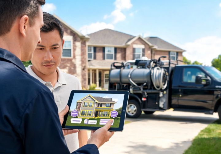 Two men stand outside a house as one shows the other a tablet with AI for house washing business tools; a truck with equipment is parked in the driveway.