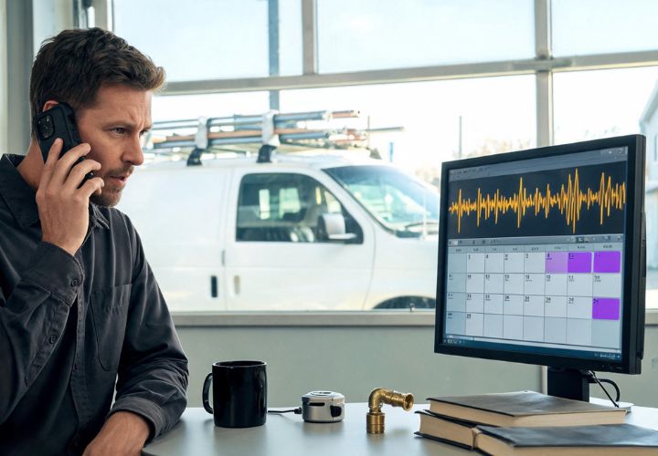 A man sits at a desk, talking on the phone and viewing a calendar and audio waveform, with an AI receptionist for plumbers concept on screen. A white van is visible outside the window.