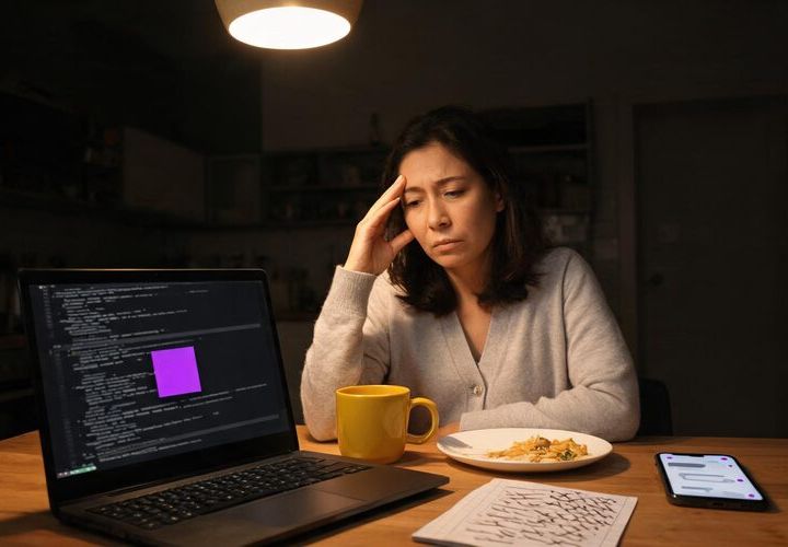 A woman sits at a table with a laptop, notebook, and phone, looking tired as she weighs AI partner vs DIY Claude under a hanging light.