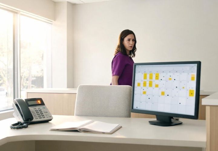 A woman in a purple shirt stands behind an empty desk with a monitor displaying an AI automation proposal checklist, a phone, and an open notebook in a bright office.