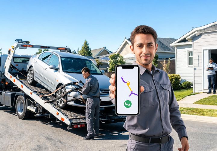 A tow truck driver holds up a smartphone showing an incoming call as another driver loads a silver car onto a tow truck in a suburban neighborhood, illustrating AI for towing companies.