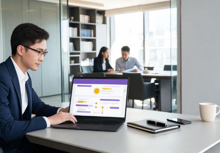 A man in business attire works on a laptop at a desk with a notebook, phone, and mug nearby, with meetings visible in the background—an ideal setting to discuss AI for employment lawyers.