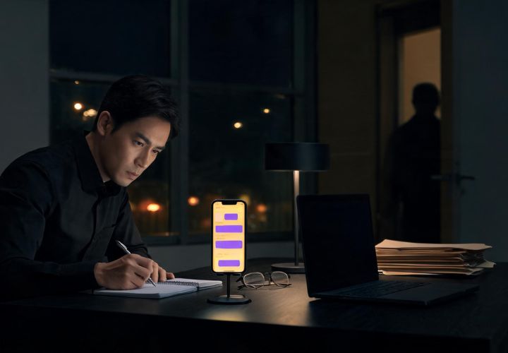 A man writes in a notebook at a desk with a laptop and smartphone, researching ai for criminal defence lawyers, while another person stands in the doorway in the background.