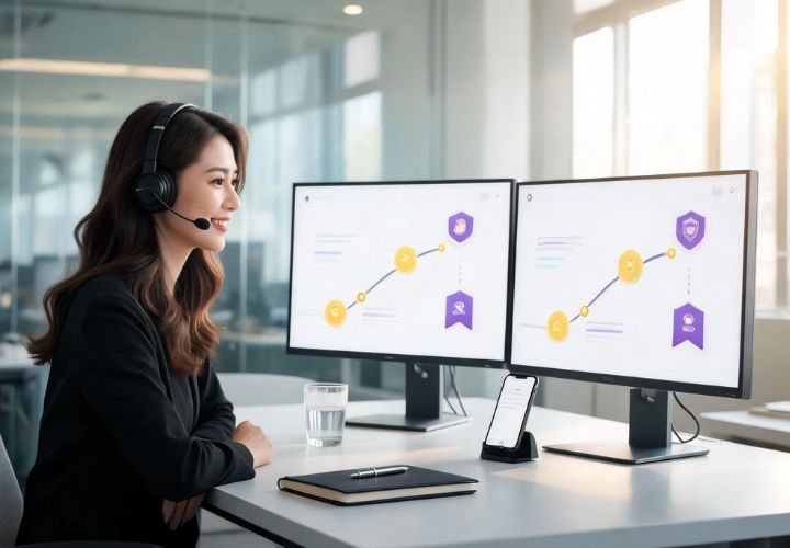 Woman wearing a headset sits at a desk in an office, viewing flowcharts on two monitors—analyzing ai for debt collection agencies.