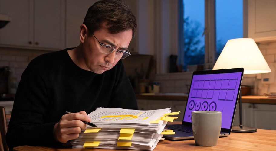 A person with glasses studies a stack of papers marked with yellow sticky notes beside a laptop and mug, using an AI automation proposal checklist at the kitchen table.