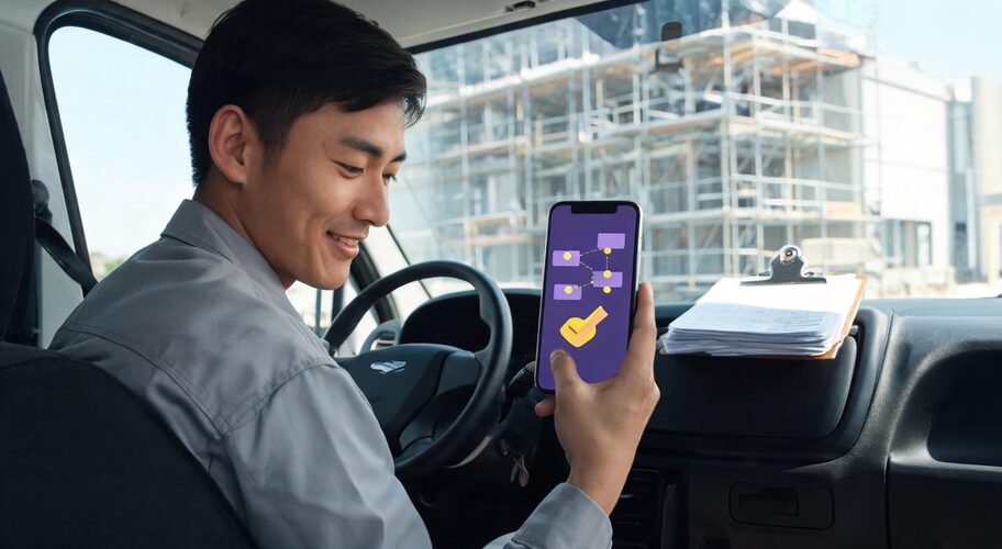 A tradesperson sits in the cab of a work van, checking a glowing phone, with a clipboard and stack of job dockets on the dashboard and a building site visible through the windscreen, reviewing an AI automation proposal checklist.