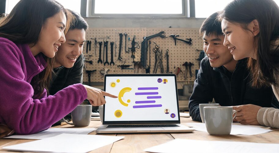 A small team gathers around a laptop on a workbench in a busy workshop office. One person points at the screen while the others lean in, with coffee mugs and paperwork scattered around them as they review an AI automation proposal checklist.