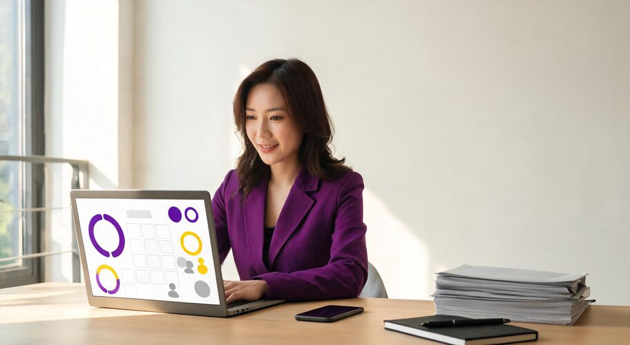 An AI consultant for professional services in a purple blazer works on a laptop displaying data charts and user icons.