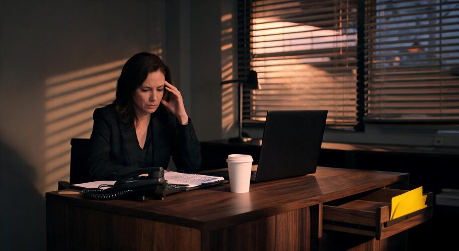A woman sits at a wooden desk with a laptop, papers, and coffee, appearing thoughtful as she researches AI for employment lawyers in a dimly lit office with closed blinds.