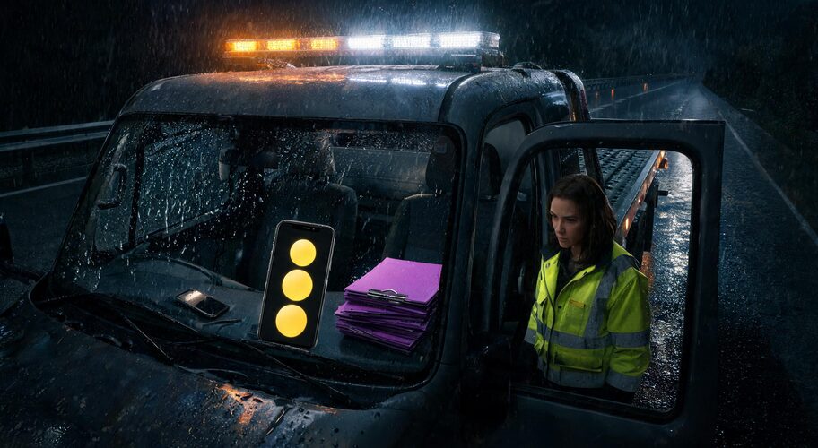 A woman in a high-visibility jacket stands by a parked utility vehicle at night in the rain, using AI for towing companies to streamline operations as yellow lights glow overhead.
