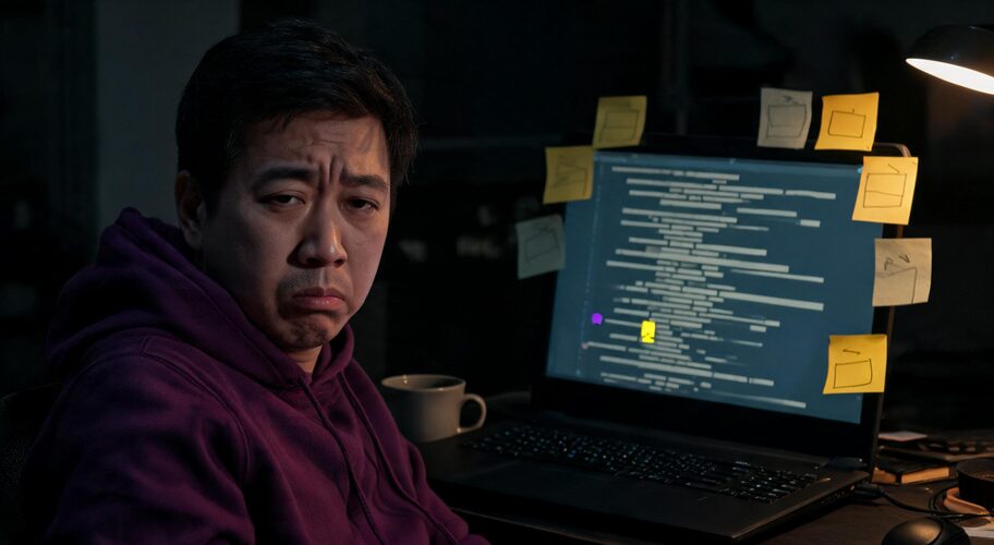 A founder sits alone in a dim home office late at night, with a terminal window on the laptop, sticky notes on the monitor, and a cold cup of coffee beside the keyboard, considering AI partner vs DIY Claude.