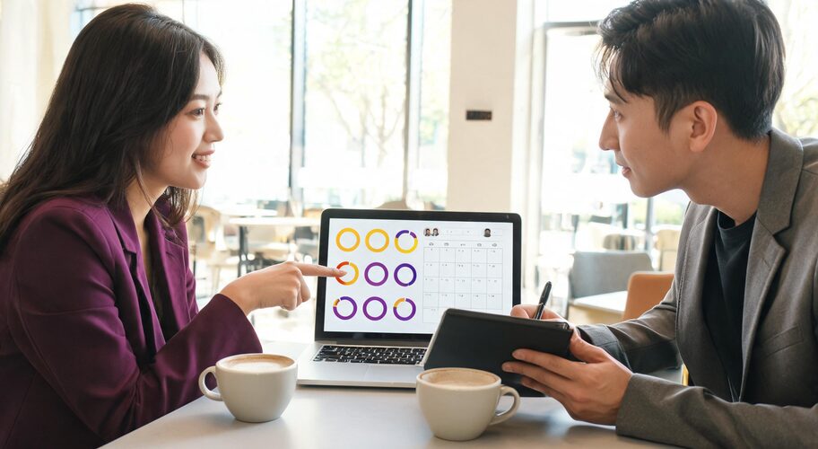 A business owner and an advisor sit side by side at a small café table, with a laptop open between them. The owner points at the screen while the advisor takes notes as they discuss AI partner vs DIY Claude.