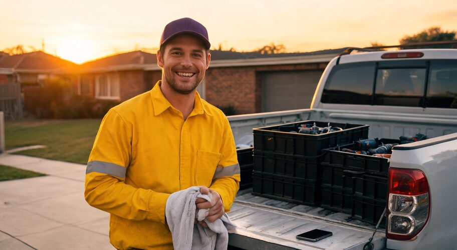 A tradesperson finishes a job on site at dusk, packing tools into a ute while their phone rests on the tailgate, clearly off the clock and not checking messages after choosing AI partner vs DIY Claude.